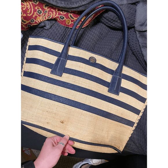 Tory Burch Raffia Navy Striped Straw Double Strap Tote Bag, Authentic - Picture 8 of 8